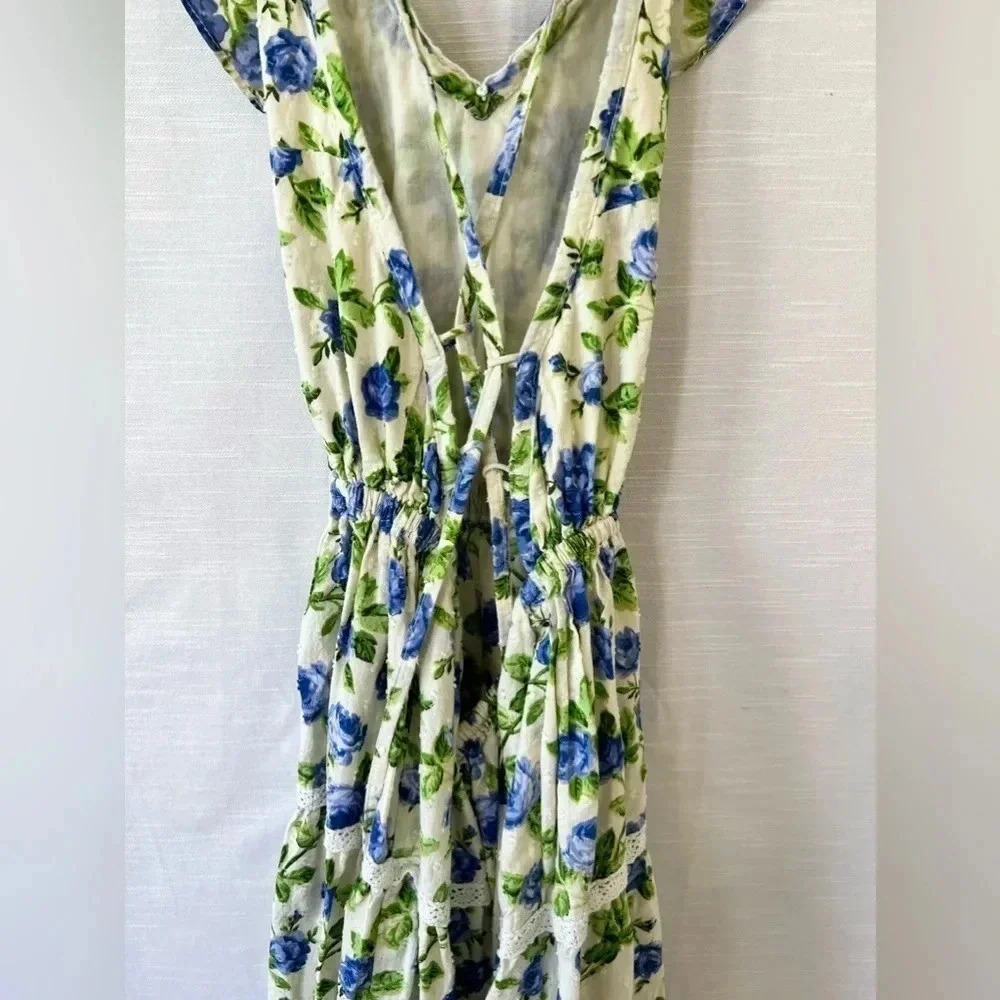 ASOS DOBBY TIERED MIDI SKATER SUNDRESS WITH LACE UP BACK IN FLORAL PRINT-MULTI - Picture 7 of 7